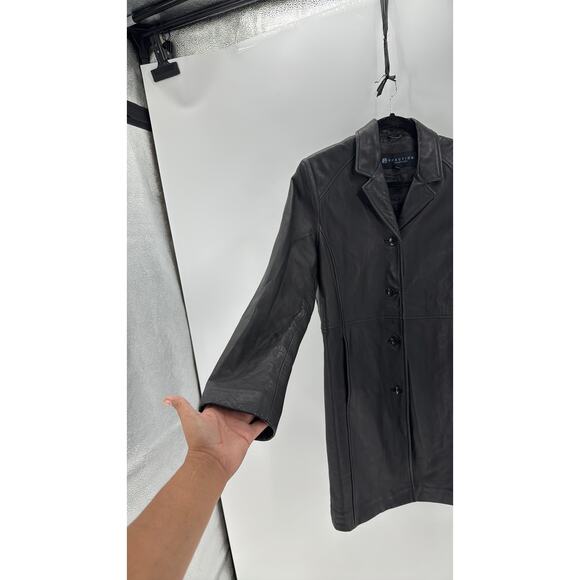 Vintage Kenneth Cole black long leather coat size petite Medium 90s classic - Picture 3 of 6